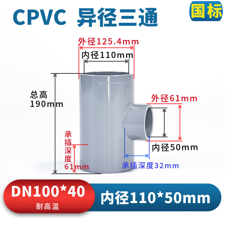 cpvc异径三通pvc-c变径三通PVC塑料管中小三通耐高温化工PN16国标 DN100-40(内径110-50mm) 浅灰色【图片 价格 ...