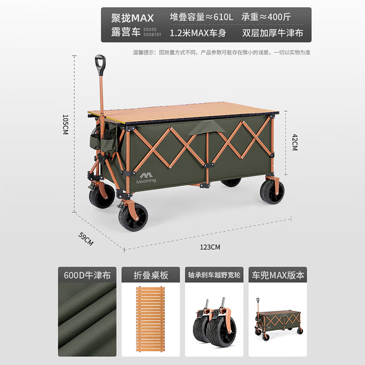 牧行户外聚拢型露营车带桌板户外折叠推车野营地拉车GL1 610L 墨绿MAX加长款+120cm桌板