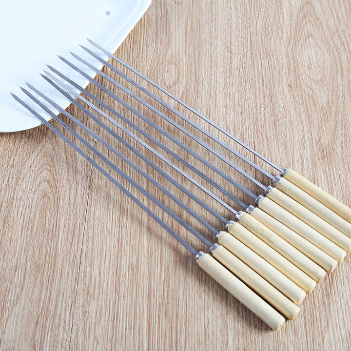 KIQUNE不锈钢烧烤签扁签户外羊肉串烤肉签子钢签铁签圆签全套工具烧烤针 木柄(扁)长35cm【50支】