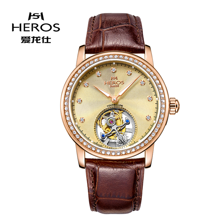 爱龙仕陀飞轮全自动机械表 圆钻玫瑰金男表手表