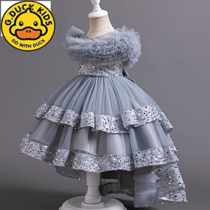 duck女童燕尾裙儿童前短后长连衣裙主持人表演礼服花童毕业拍照蓬蓬裙