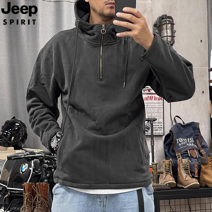 JEEP SPIRIT吉普秋季加绒加厚连帽卫衣男欧美复古潮流纯色半开领套头连帽外套 深灰色 加绒 2XL【图片 价格 品牌 报价】-京东