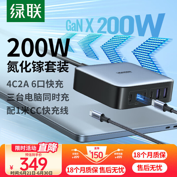 绿联200W氮化镓充电器多口pd快充头桌面插线板兼容65/1...