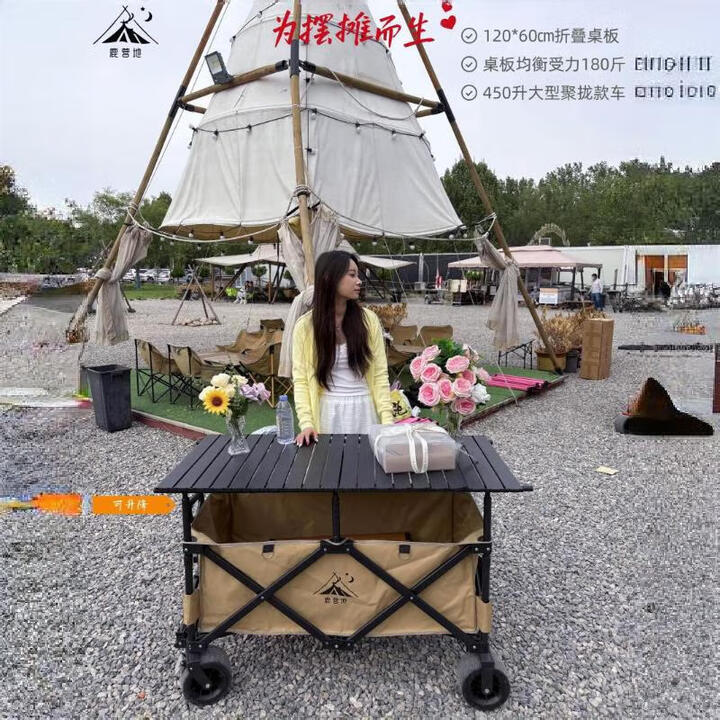 鹿营地摆摊推车露营车一体车小吃车超大款聚拢可升降地摊移动夜市餐车 卡其车+120x60黑桌