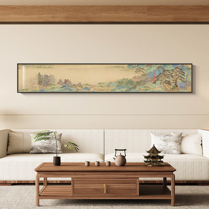羽洛熙新中式山水画客厅装饰画沙发背景挂画宋氏美学禅意见山字画壁画 千里江山图-F 210*35cm 【奢华金色】铝合金边框 高清艺术油画布 ...