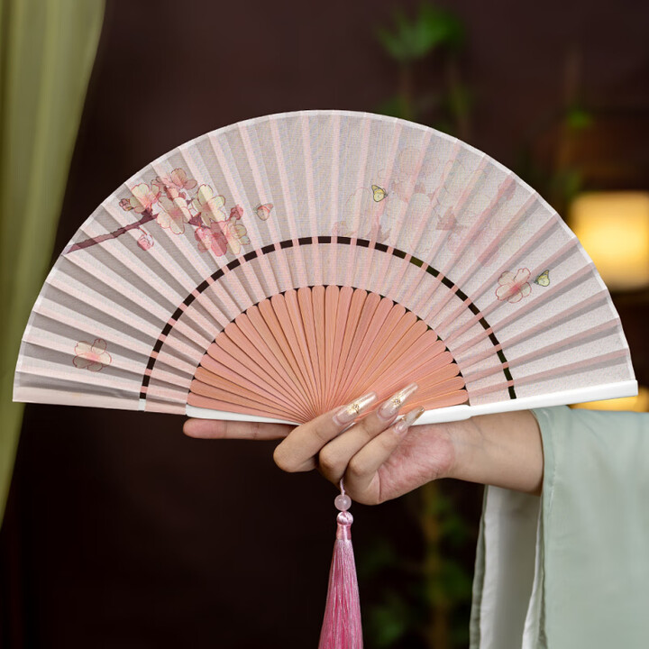 丝艺堂25新款扇子国风凌绢印花折扇古风便携汉服女旗袍日用扇舞蹈扇 【二节款】粉樱春雨白边【图片 价格 品牌 报价】-京东