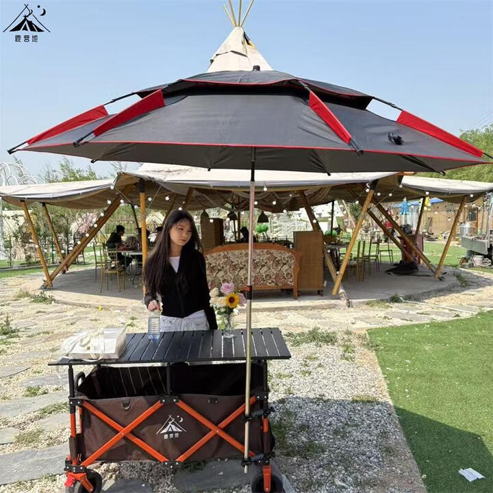 鹿营地摆摊推车露营车一体车小吃车超大款聚拢可升降地摊移动夜市餐车 大伞 橙咖车+120x60黑桌+黑伞