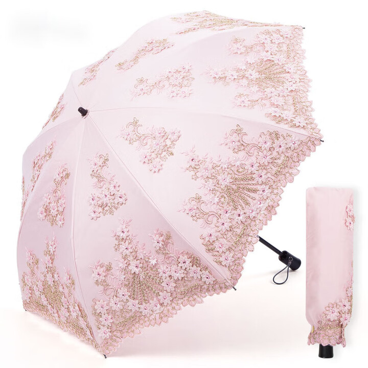 天堂遮阳伞防晒防紫外线公主洋伞刺绣双层晴雨两用蕾丝太阳伞女 塔花二折款-粉色 手工刺绣【图片 价格 品牌 报价】-京东
