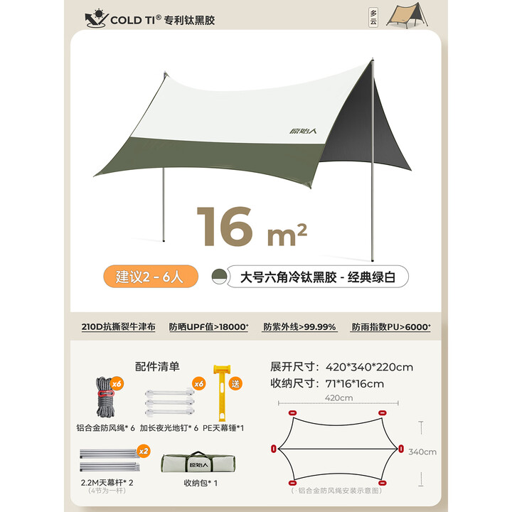 原始人天幕帐篷户外桌椅遮阳防晒防雨便携露营黑胶野营棚新型野餐大蝶形 16㎡经典绿白【全遮光钛黑胶】