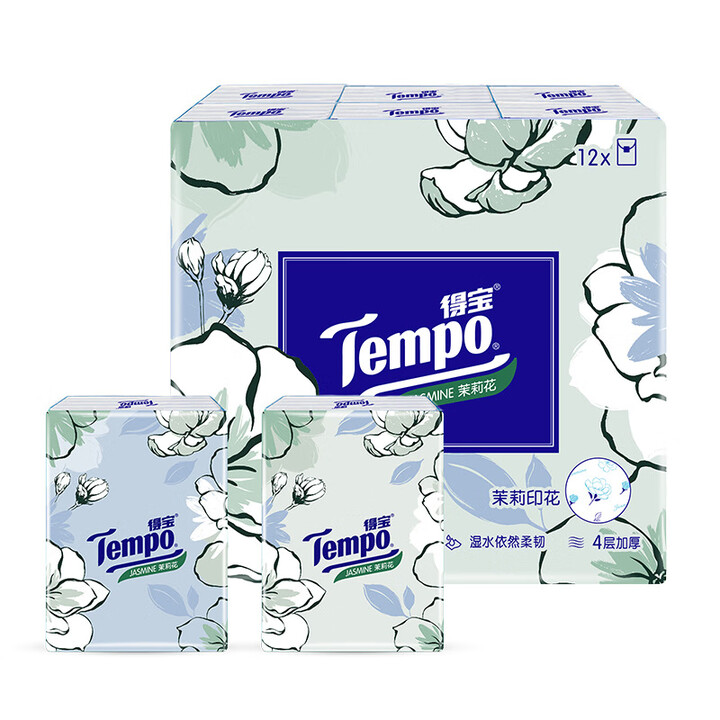 得宝(TEMPO)Tempo得宝手帕纸茉莉花香味德宝纸巾餐巾纸便携装4层7张12小包/提 12包*3提 4层 7片*36包【图片 价格 品牌 ...