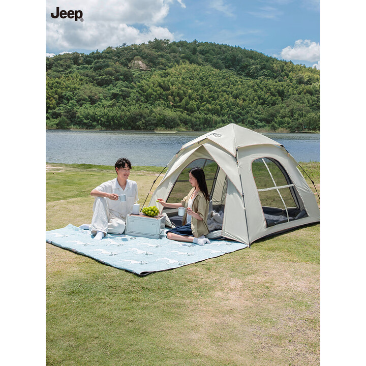 JEEP便携帐篷户外露营防雨过夜全套速开全自动野营野餐沙滩室内 2*1.5米【十字落地窗】【银胶防晒】【防潮垫】