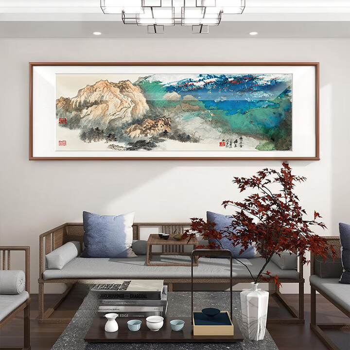 山水画新中式客厅装饰画办公室挂画字画国画靠山图沙发背景墙壁画 F春山暮雪-张大千 175*60cm[油画面不反光]【图片 价格 品牌 报价】-京东