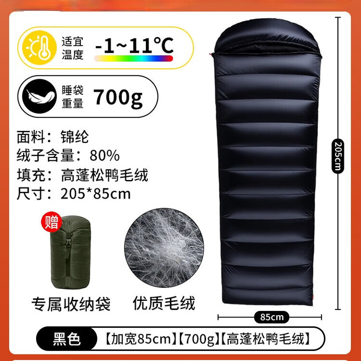 北极狼（BeiJiLang）鹅绒羽绒睡袋彩蝶系列户外极限露营可拼接式羽绒睡袋成人信封式 黑色-充绒700G【零下1℃-11℃】高蓬松鸭毛绒
