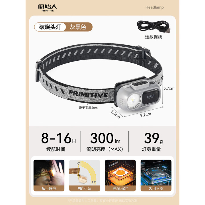 原始人（The Primitive）新款感应头灯超长续航夜钓灯强光超亮充电便携锂电池户外头戴式 破晓头灯-灰黑色【赠数据线】