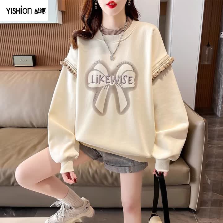 以纯（yishion）小众设计感卫衣女春秋季2025新款韩版宽松早春薄款假两件上衣外套 杏色加绒加厚 M 建议80 110斤【图片 