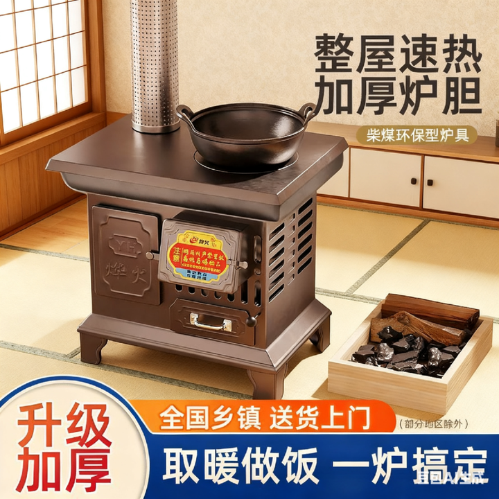 柴火取暖炉柴煤两用气化炉子冬天农村家用室内无烟采暖新型烤火炉 特大号气化款+5米烟筒2弯头+水箱礼包