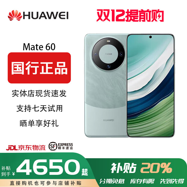HUAWEI 【双十一限时返场】华为Mate60  麒麟9000S 卫星通信 鸿蒙全网通手机 分期免息  现货速发 雅川青 12G+256G