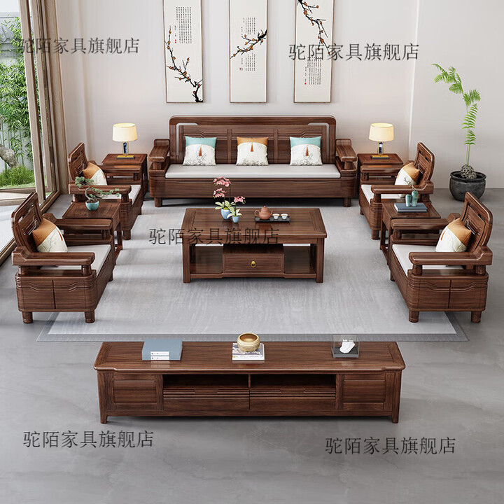 驼陌广东佛山紫金檀木中式实木沙发组合冬夏两用三人位小户型客厅家具 三人位+单人位*4+茶几+方几*4+电视柜 11件套 组合【图片 价格 品牌 ...