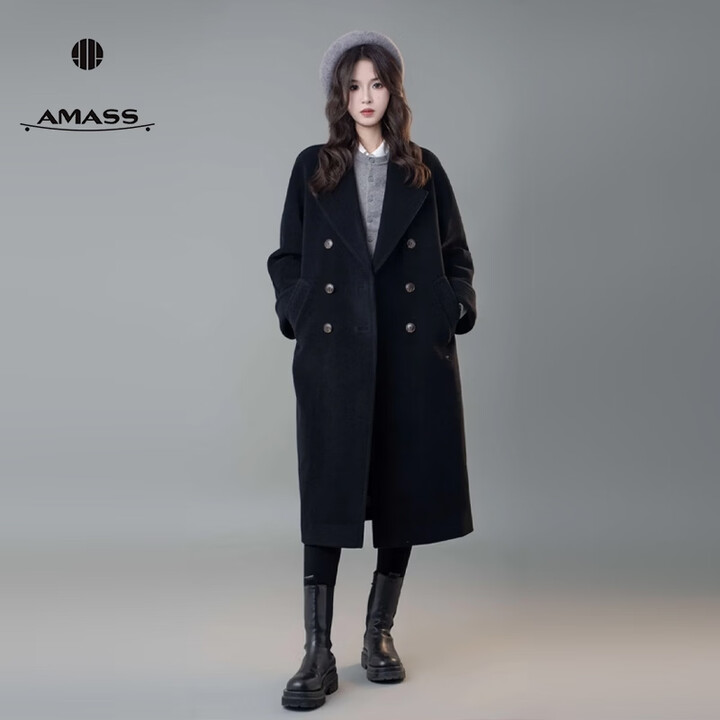 阿玛施（AMASS）新款静奢风绵羊毛廓形翻领双排扣毛呢大衣女5400861 黑色 S 2码 130斤【图片 价格 品牌 报价】-京东