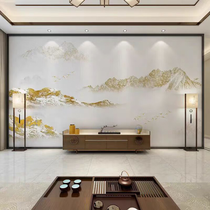 米柔新中式禅意山水画中式水墨金色壁画电视沙发背景墙布卧室茶室壁布 3D无缝荷兰精致油画布【图片 价格 品牌 报价】-京东