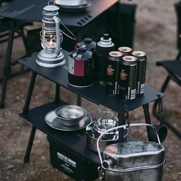 CARGO CONTAINER户外折叠置物架露营双层铝合金小桌子野餐装备战术围桌 黑色一组两个（65*26.7*27cm)