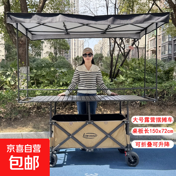 露营摆摊推车一体车野餐车折叠桌地摊移动夜市可升降移动餐车棚 【咖】聚拢车+150*72桌+180棚