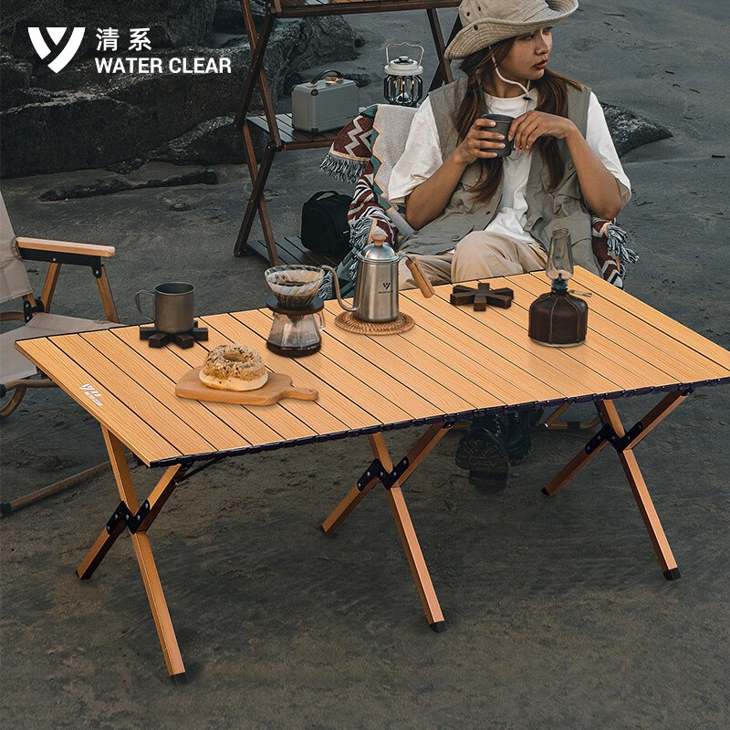 清系便携式露营桌子野餐可折叠克米特椅野营用品装备户外折叠桌蛋卷桌 桃木色中号60款