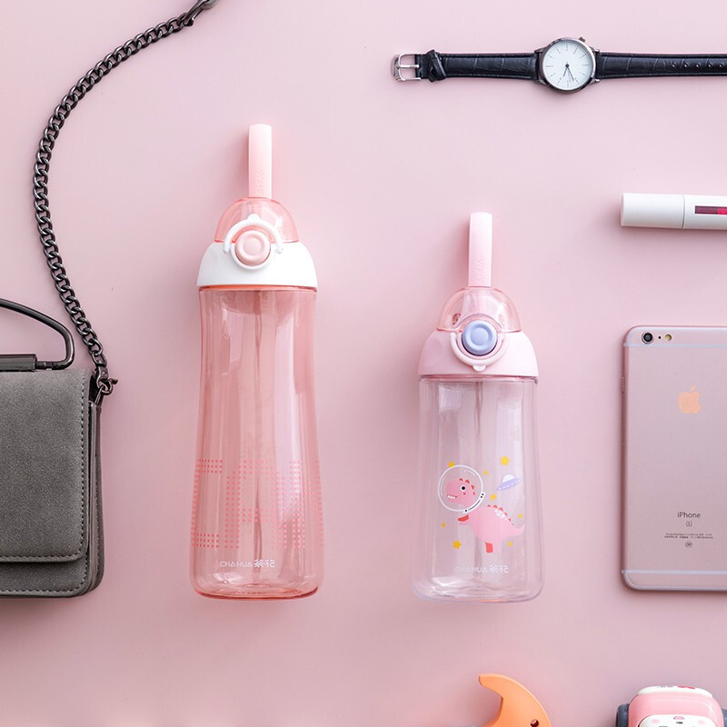 茶花塑料水杯运动旅行便携简约水壶学生弹盖优孚随行杯 【粉色050020】680ml 1个装