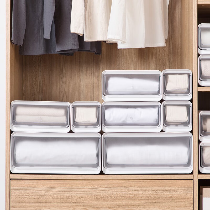 茶花收纳箱抽屉式衣柜内桌面收纳盒自由组合家用塑料整理箱衣服储物箱 【两个装】中号【34.7*25.7*13.9cm】