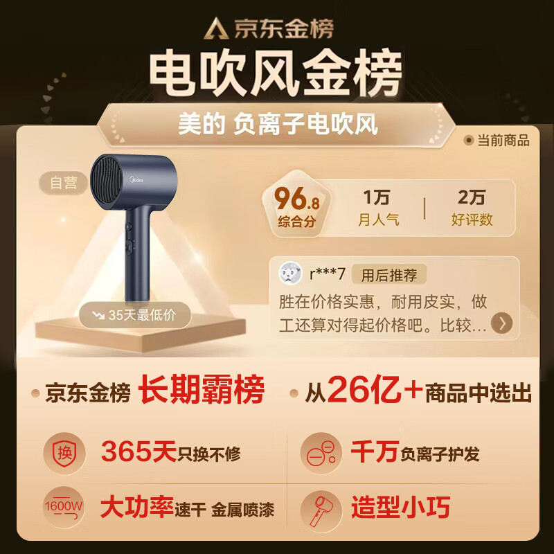 美的（Midea）千万负离子电吹风 大功率 家用速干柔顺护发吹风筒 电吹风机 七夕情人节礼物 MB-AJ0503星夜蓝