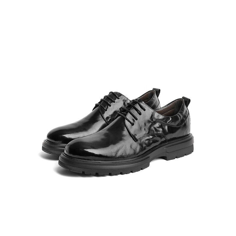 百丽通勤商务鞋男2023冬季新款商场同款牛皮褶皱婚宴正装皮鞋8CE01DM3 黑色 38