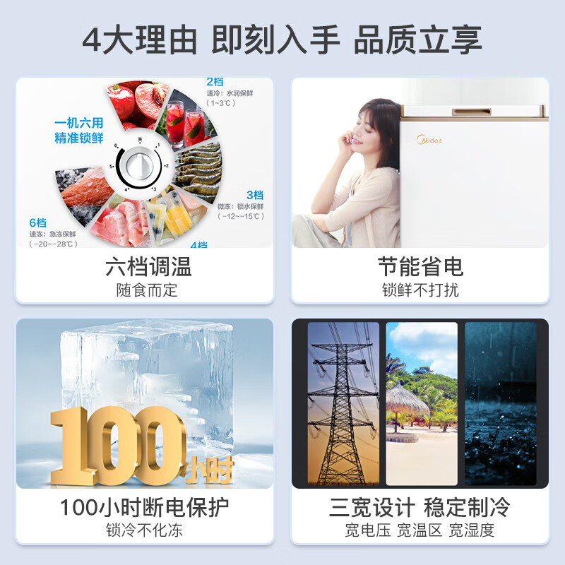 美的(Midea)202升 家用囤货冰柜 双顶开双温柜 一级能效 省电低音卧式冰箱BCD-202DKM(E)