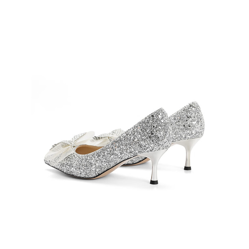 百丽尖头细高跟鞋女2023秋季新款闪耀蝴蝶结婚鞋B1569CQ3预售 银色 34