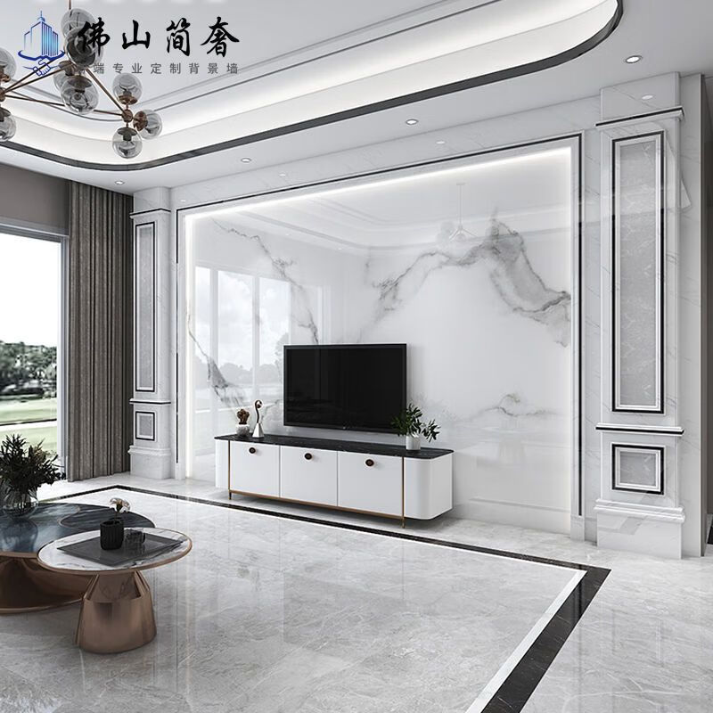 OEMG轻奢大理石电视背景墙瓷砖微晶石客厅现代简约影视墙护墙板罗马柱