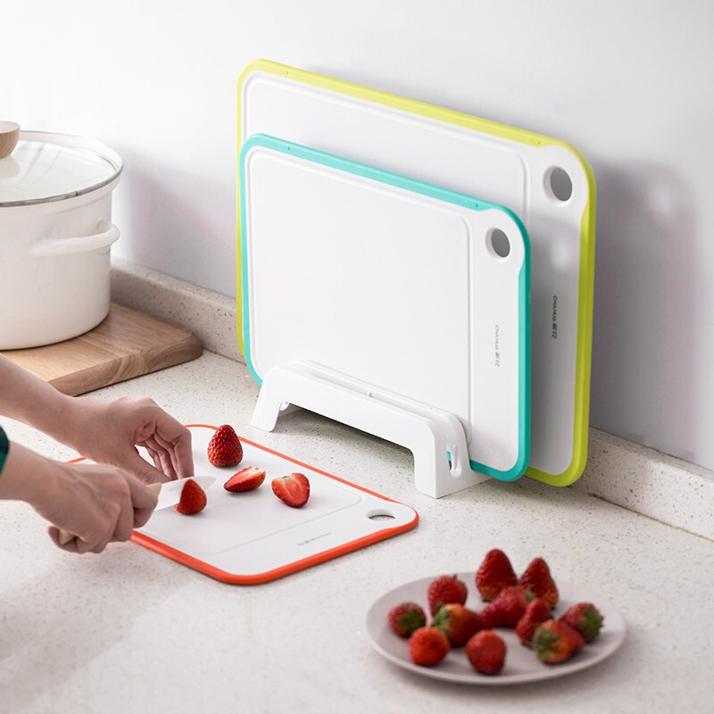 茶花（CHAHUA） 茶花塑料砧板4件套长方形加厚宝宝辅食菜板家用厨房切水果菜板 【3+1组合装】大中小号三个砧板+底座