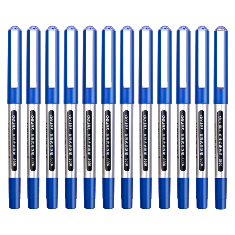 得力(deli)0.5mm蓝色直液式走珠签字笔S656学生考试中性笔 12支/盒