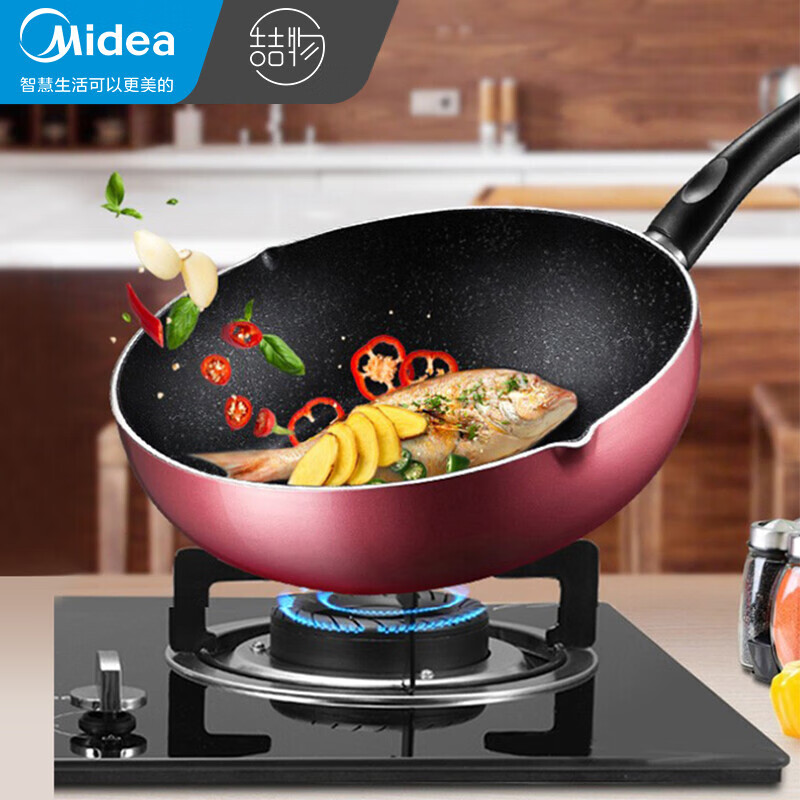 美的（Midea）炒锅不粘锅麦饭石色涂层锅炒菜锅煎炒锅 家用28WOK302红色