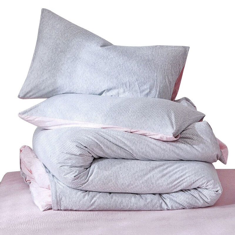 三极户外（Tri-polar）TP2957日式天竺棉三件套床罩被罩枕套针织棉简约床上用品 床笠款 1.2米床 粉灰细条