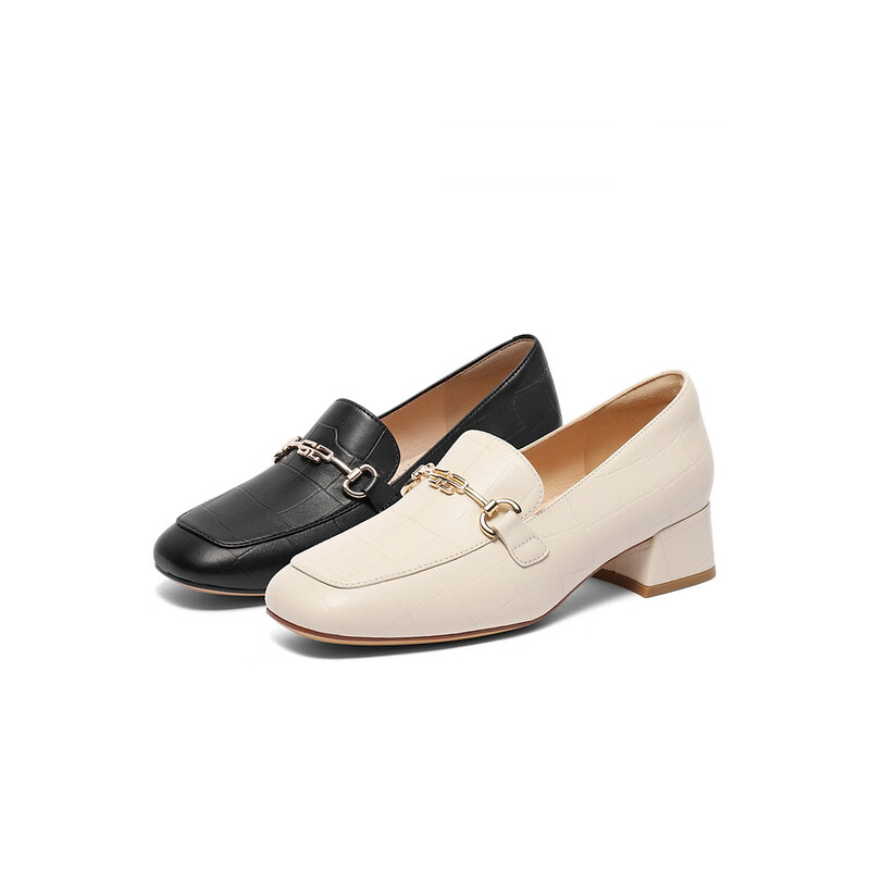 百丽通勤乐福鞋女2023秋季新款压纹OL单鞋BZ520CA3预售 黑色-宽版 38