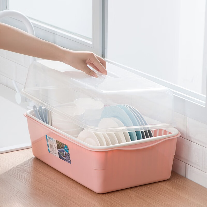 茶花（CHAHUA） 茶花欧式带盖碗碟架放碗架收纳盒沥水架装碗筷收纳箱碗柜置物 【小号】1818绿色35*26.3*16.5cm