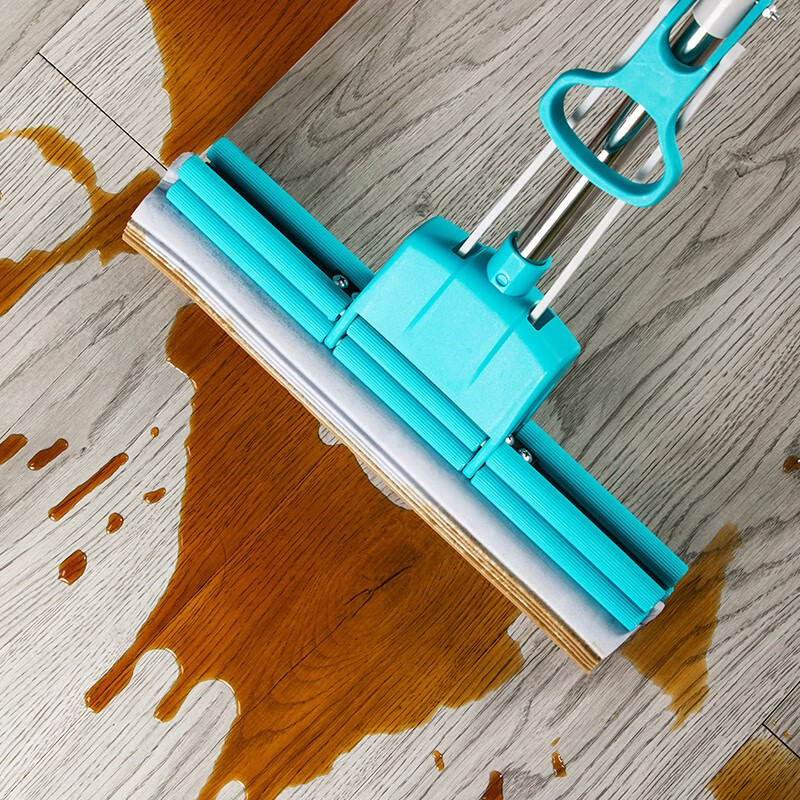 茶花海绵滚轮拖把免手洗2023新款家用拖地神器胶棉吸水地拖 【蓝中号】洁境滚轮胶棉拖