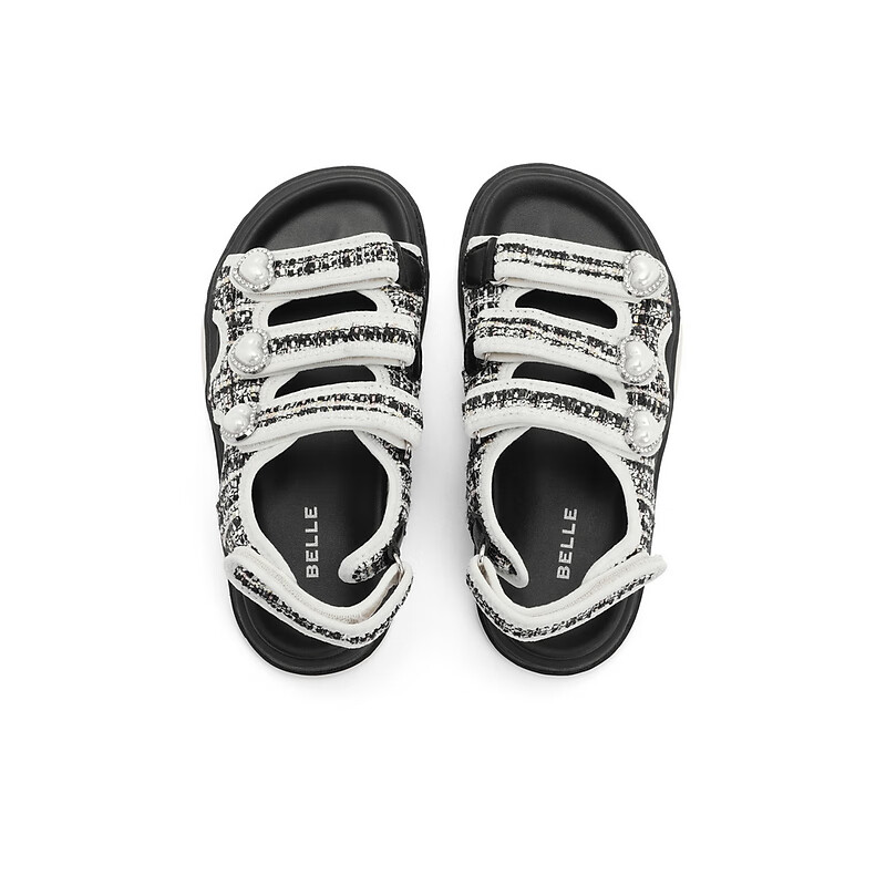 百丽小香风凉鞋童鞋2023夏季新商场同款可爱珍珠魔术贴沙滩鞋23212B63 黑色 34