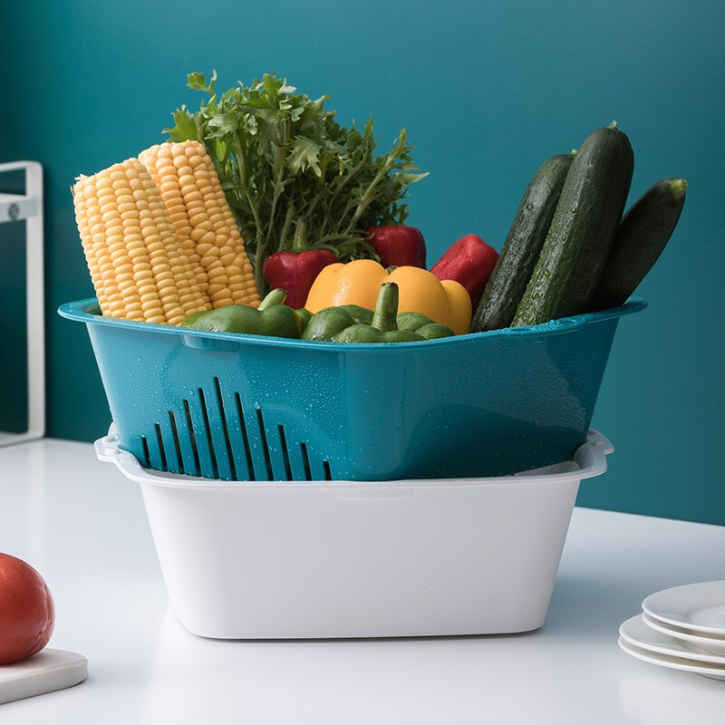 茶花（CHAHUA） 茶花双层洗菜蓝洗菜盆水果盘滴水筐塑料沥水篮果蔬漏盆淘菜筛子 随机 大中小组合装