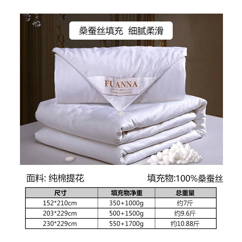 富安娜蚕丝被子 100%桑蚕丝被芯 加厚被冬季 纯棉面料二合一子母被 双人加大四季被褥 1米8/2米(230*229cm)