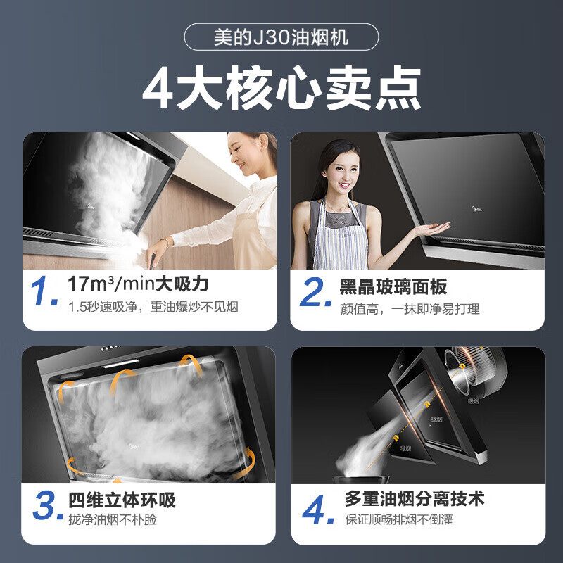 美的（Midea）【燃热烟灶套购】16升燃气热水器ECO节能恒温HWA+烟灶侧吸油烟机立体环吸燃气灶J30+Q217B天然气