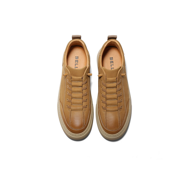 百丽潮搭休闲鞋男2023冬季新牛皮复古擦色免系带板鞋加绒A1255DD3预售 黄色-绒里 38