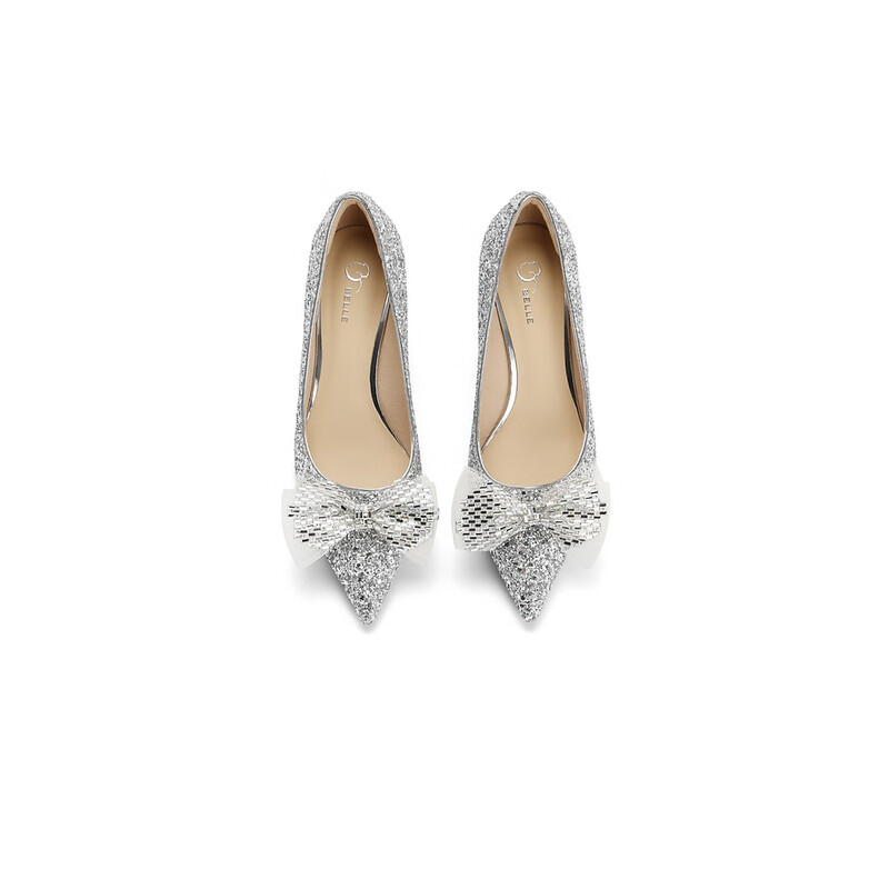 百丽尖头细高跟鞋女2023秋季新款闪耀蝴蝶结婚鞋B1569CQ3预售 银色 34