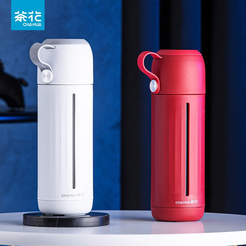 茶花家用带盖玻璃杯男女学生水杯便携泡茶杯带盖两用杯子随手杯 白色310ml