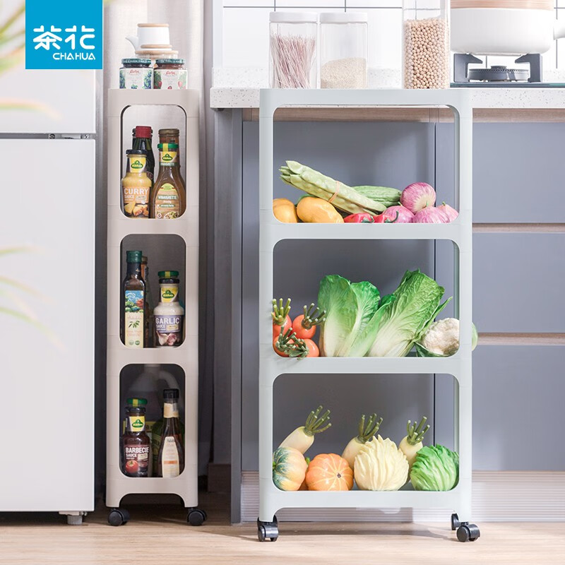 茶花百纳窄边可移动四层置物架客厅阳台厨房置物架 百纳可移动四层置物架咖色（40*18*86.5）