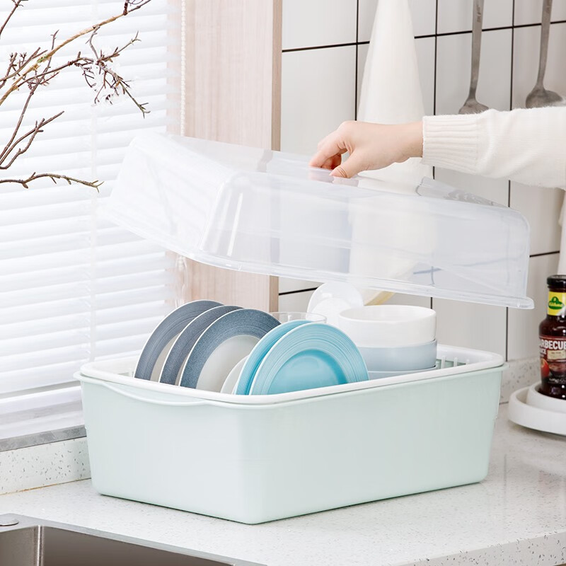 茶花（CHAHUA） 茶花欧式带盖碗碟架放碗架收纳盒沥水架装碗筷收纳箱碗柜置物 【大号】蓝色【1817可立碟/带筷筒/分体式盖】